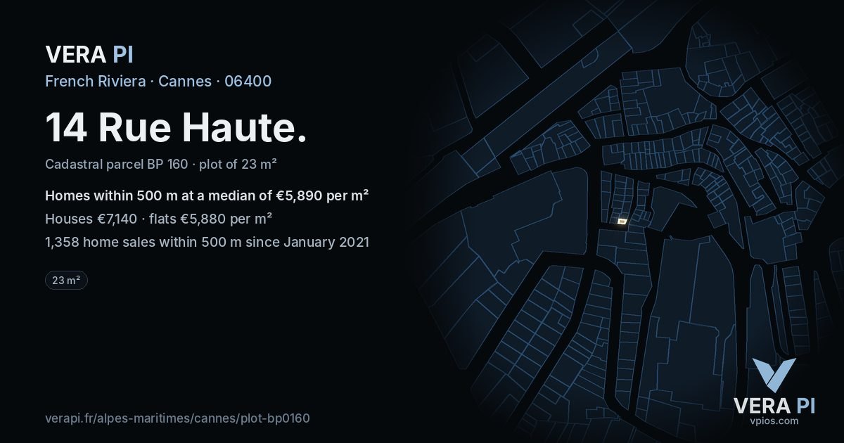 14 Rue Haute, Cannes at night – the plot lit, the parcels around coloured by the prices near them