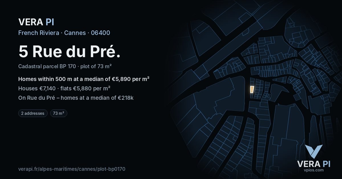 5 Rue du Pré, Cannes at night – the plot lit, the parcels around coloured by the prices near them