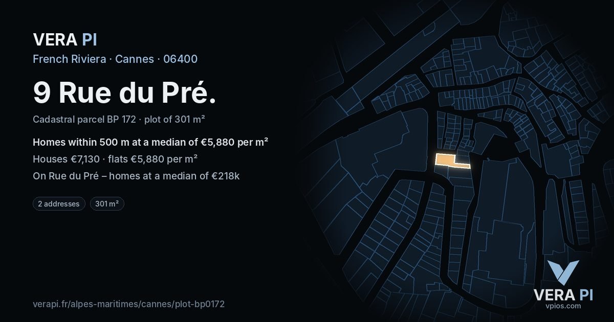 9 Rue du Pré, Cannes at night – the plot lit, the parcels around coloured by the prices near them