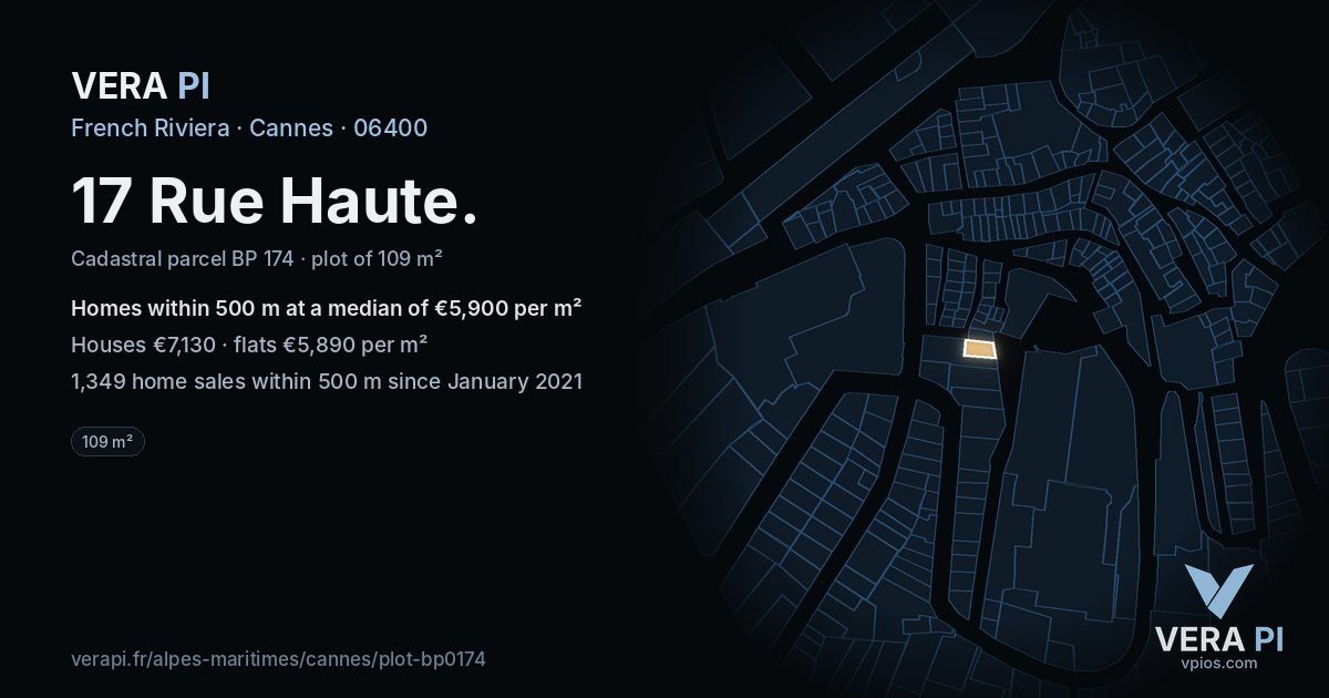 17 Rue Haute, Cannes at night – the plot lit, the parcels around coloured by the prices near them