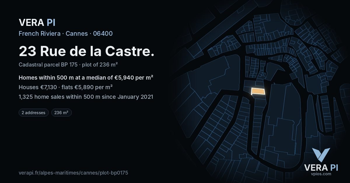 23 Rue de la Castre, Cannes at night – the plot lit, the parcels around coloured by the prices near them