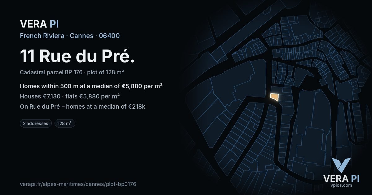 11 Rue du Pré, Cannes at night – the plot lit, the parcels around coloured by the prices near them