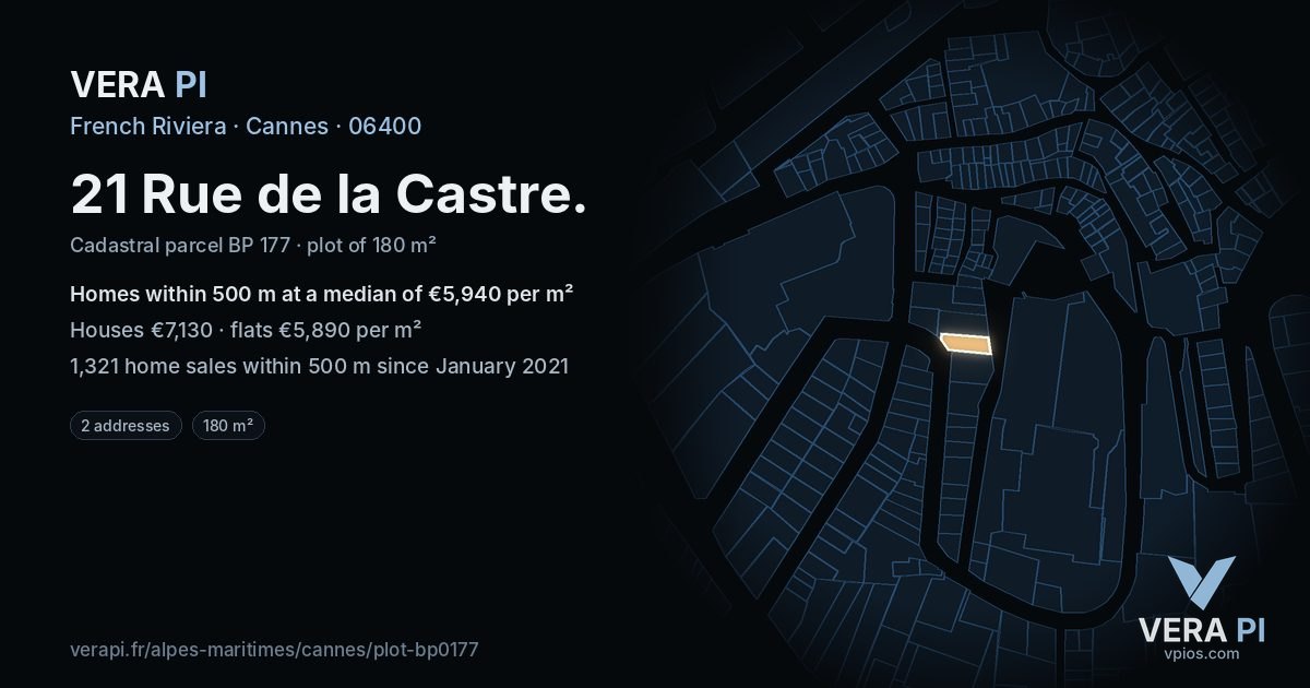 21 Rue de la Castre, Cannes at night – the plot lit, the parcels around coloured by the prices near them