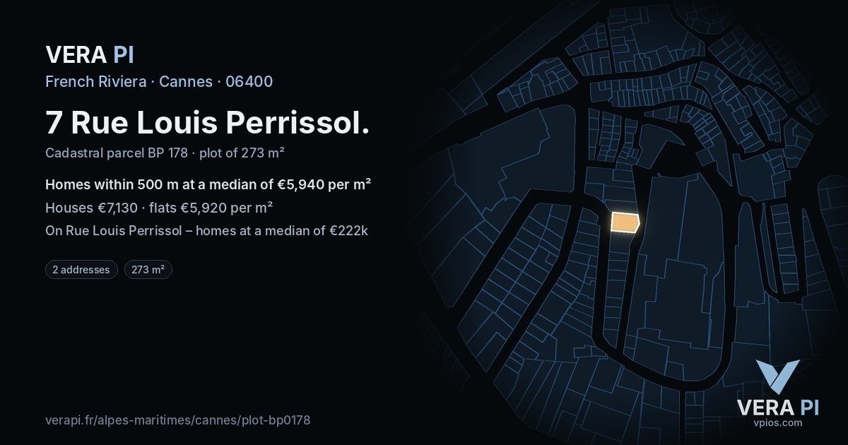 7 Rue Louis Perrissol, Cannes at night – the plot lit, the parcels around coloured by the prices near them