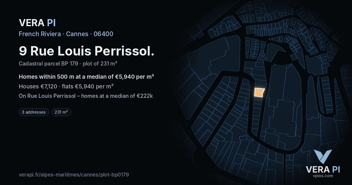 9 Rue Louis Perrissol, Cannes at night – the plot lit, the parcels around coloured by the prices near them