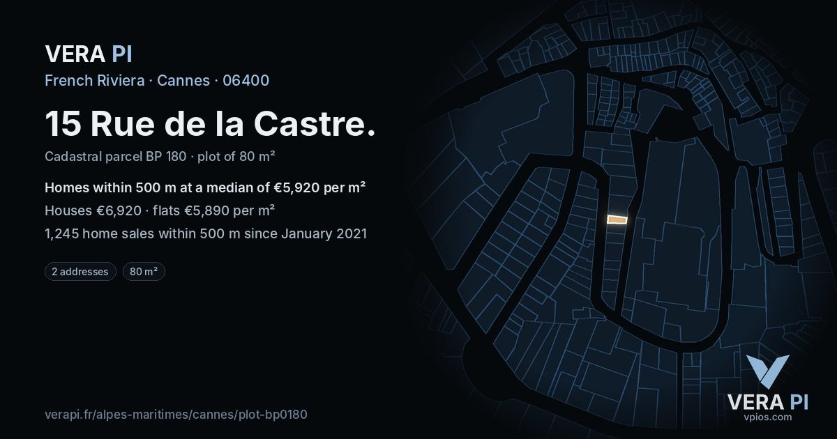 15 Rue de la Castre, Cannes at night – the plot lit, the parcels around coloured by the prices near them