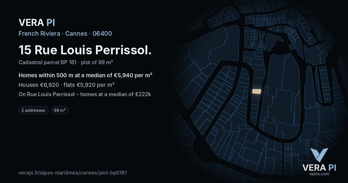 15 Rue Louis Perrissol, Cannes at night – the plot lit, the parcels around coloured by the prices near them