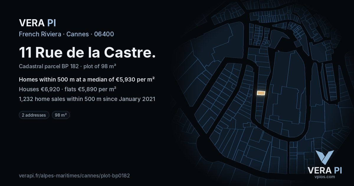 11 Rue de la Castre, Cannes at night – the plot lit, the parcels around coloured by the prices near them