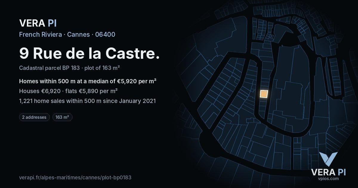 9 Rue de la Castre, Cannes at night – the plot lit, the parcels around coloured by the prices near them