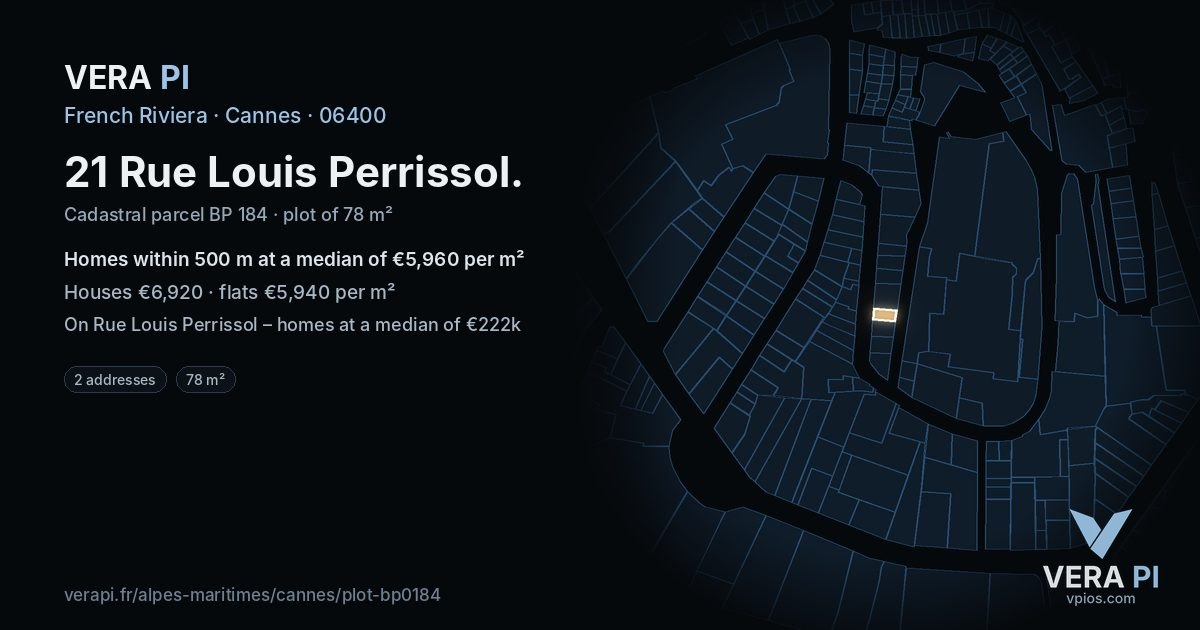 21 Rue Louis Perrissol, Cannes at night – the plot lit, the parcels around coloured by the prices near them