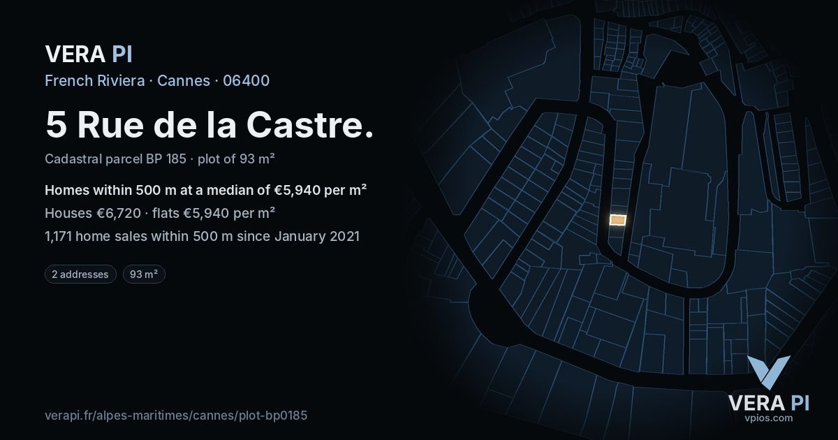 5 Rue de la Castre, Cannes at night – the plot lit, the parcels around coloured by the prices near them