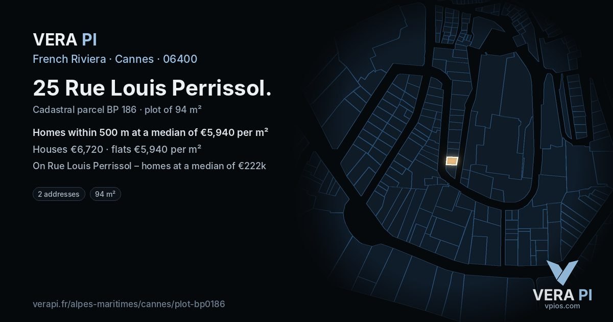 25 Rue Louis Perrissol, Cannes at night – the plot lit, the parcels around coloured by the prices near them