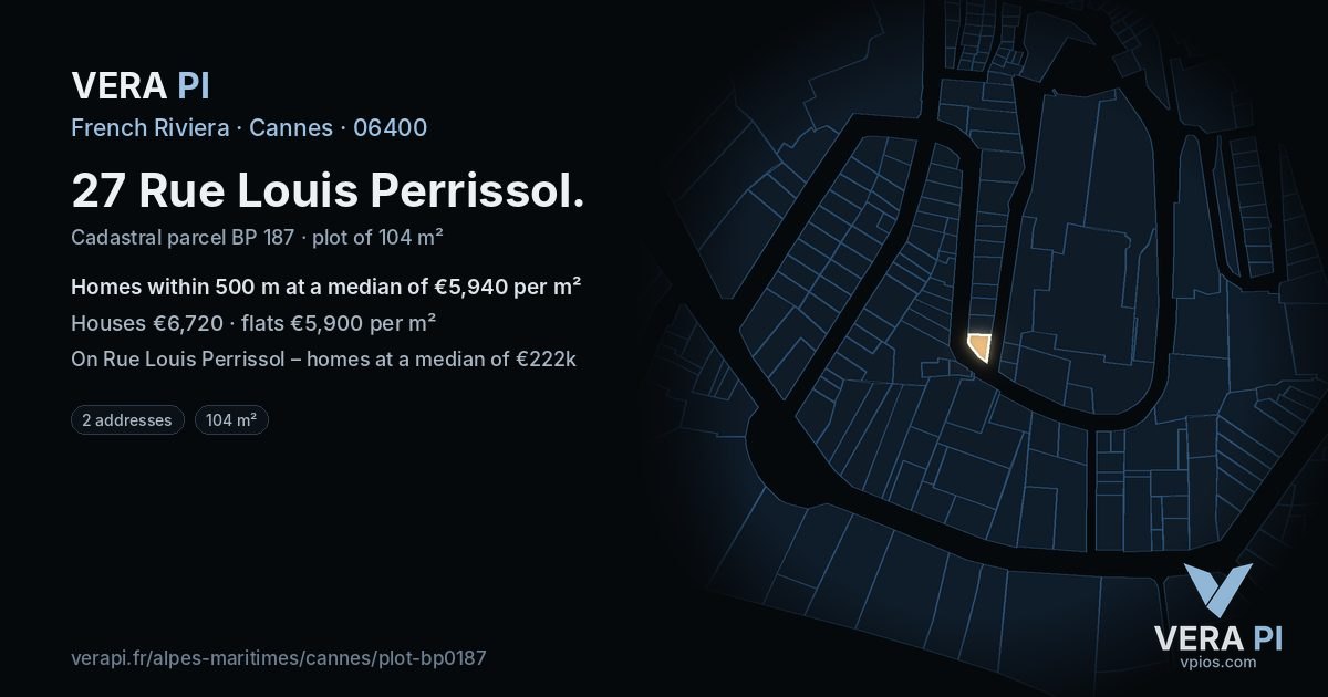 27 Rue Louis Perrissol, Cannes at night – the plot lit, the parcels around coloured by the prices near them