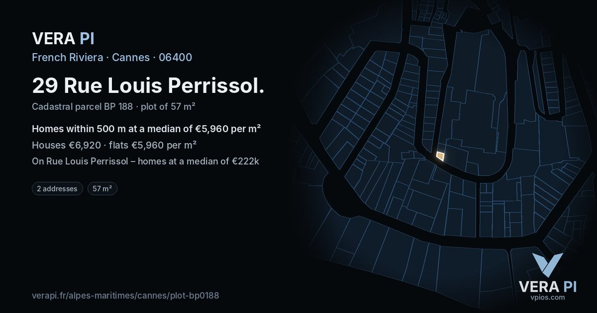 29 Rue Louis Perrissol, Cannes at night – the plot lit, the parcels around coloured by the prices near them