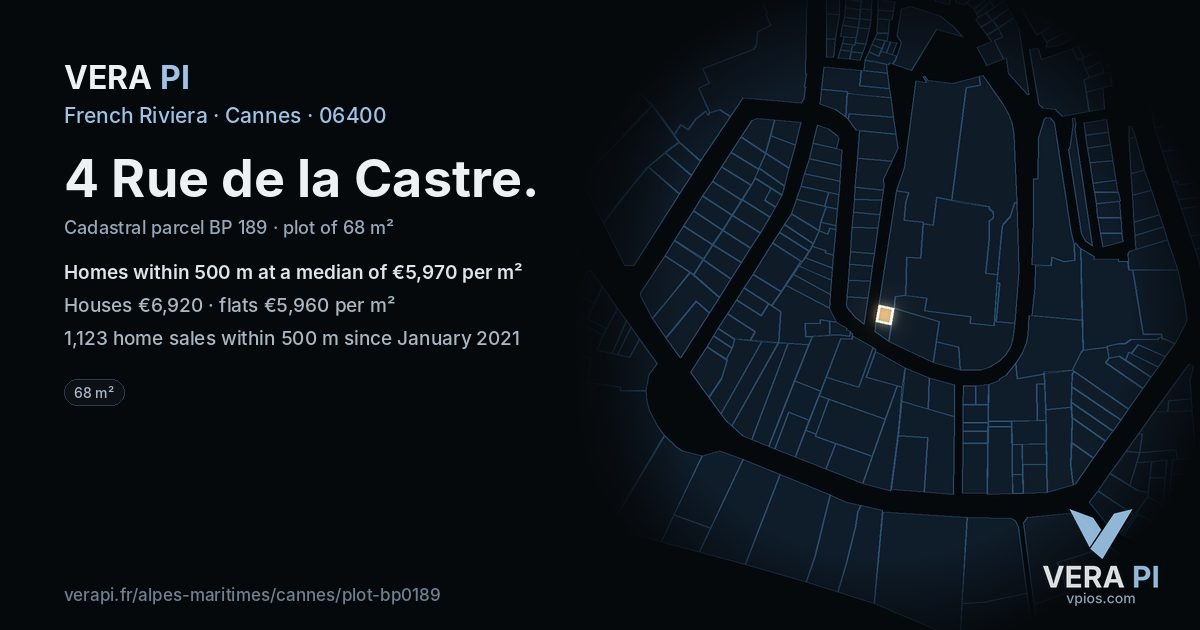 4 Rue de la Castre, Cannes at night – the plot lit, the parcels around coloured by the prices near them