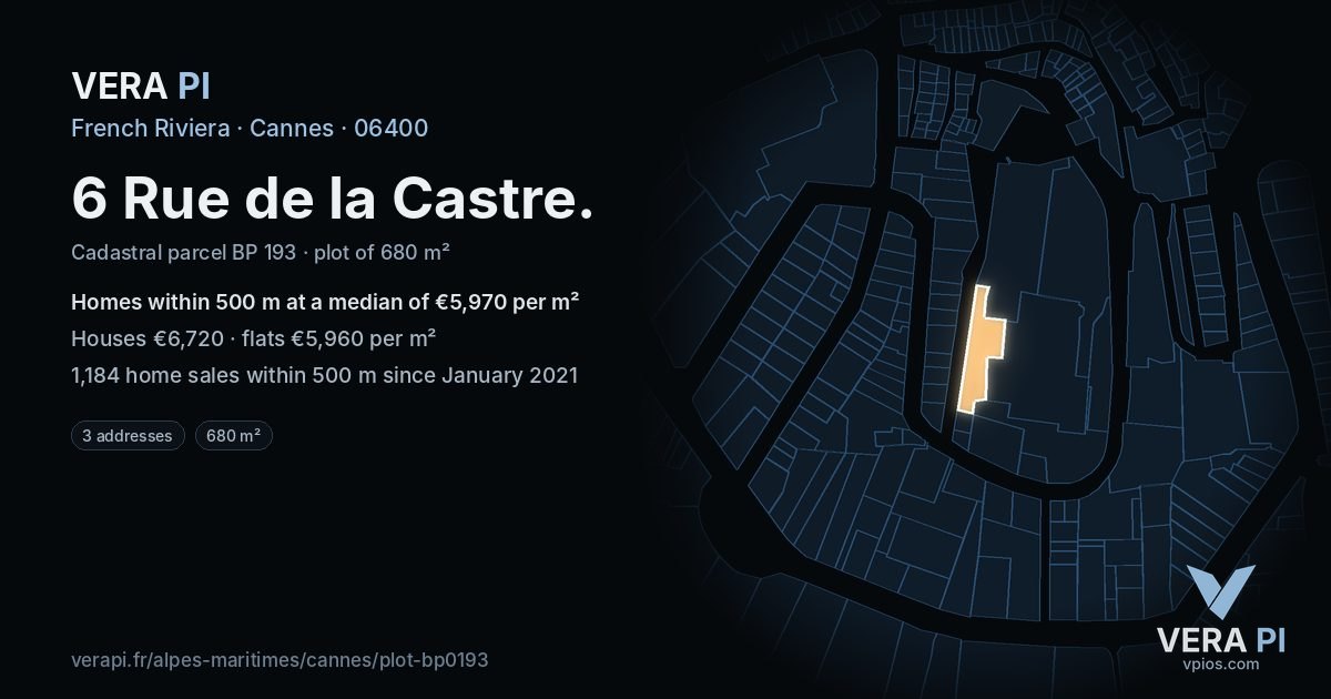 6 Rue de la Castre, Cannes at night – the plot lit, the parcels around coloured by the prices near them