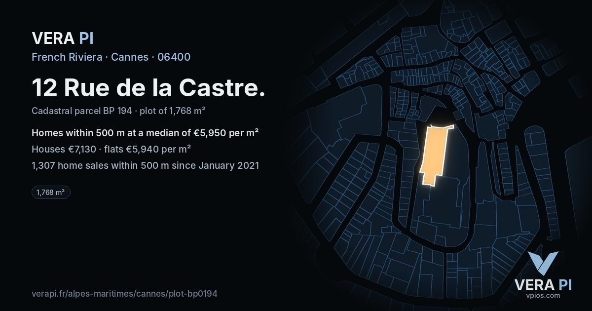 12 Rue de la Castre, Cannes at night – the plot lit, the parcels around coloured by the prices near them