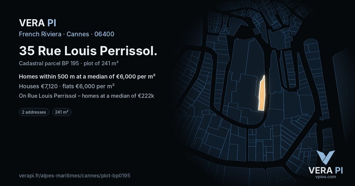 35 Rue Louis Perrissol, Cannes at night – the plot lit, the parcels around coloured by the prices near them