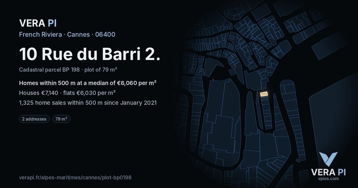 10 Rue du Barri 2, Cannes at night – the plot lit, the parcels around coloured by the prices near them