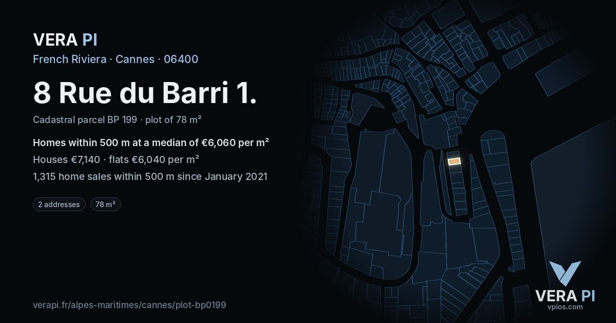8 Rue du Barri 1, Cannes at night – the plot lit, the parcels around coloured by the prices near them