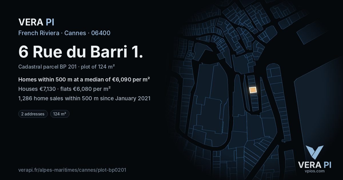 6 Rue du Barri 1, Cannes at night – the plot lit, the parcels around coloured by the prices near them