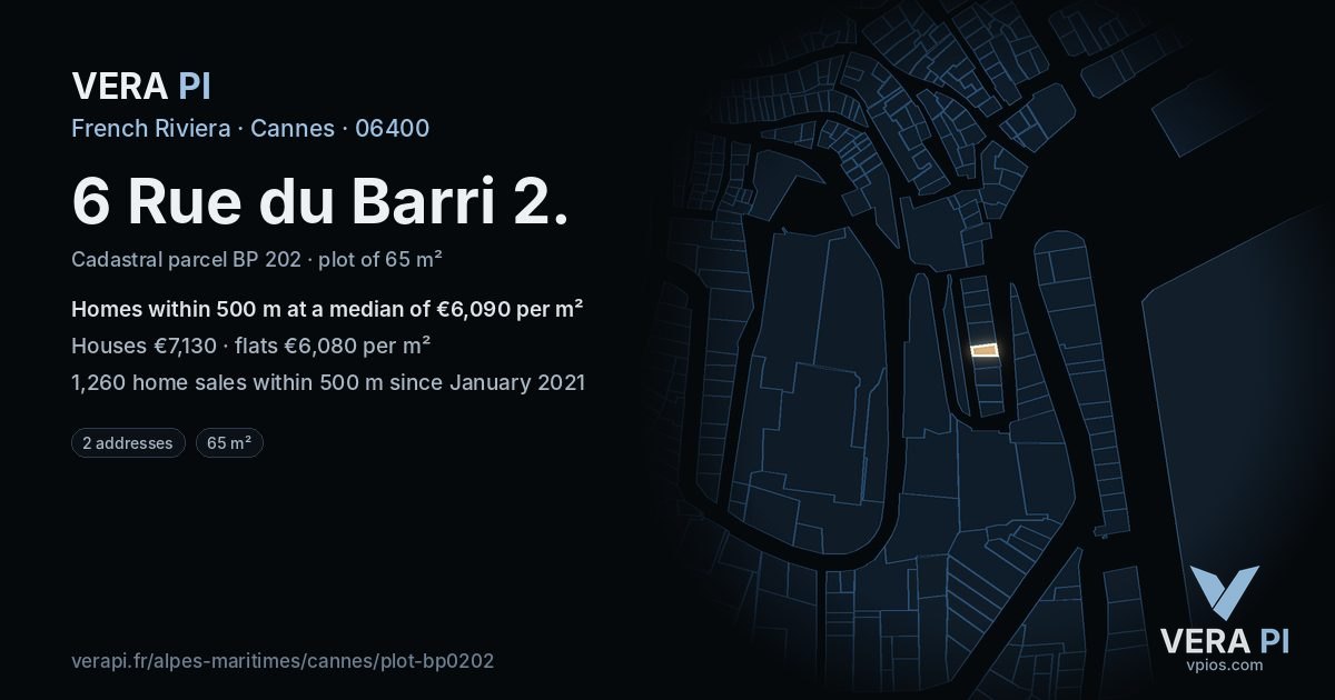 6 Rue du Barri 2, Cannes at night – the plot lit, the parcels around coloured by the prices near them