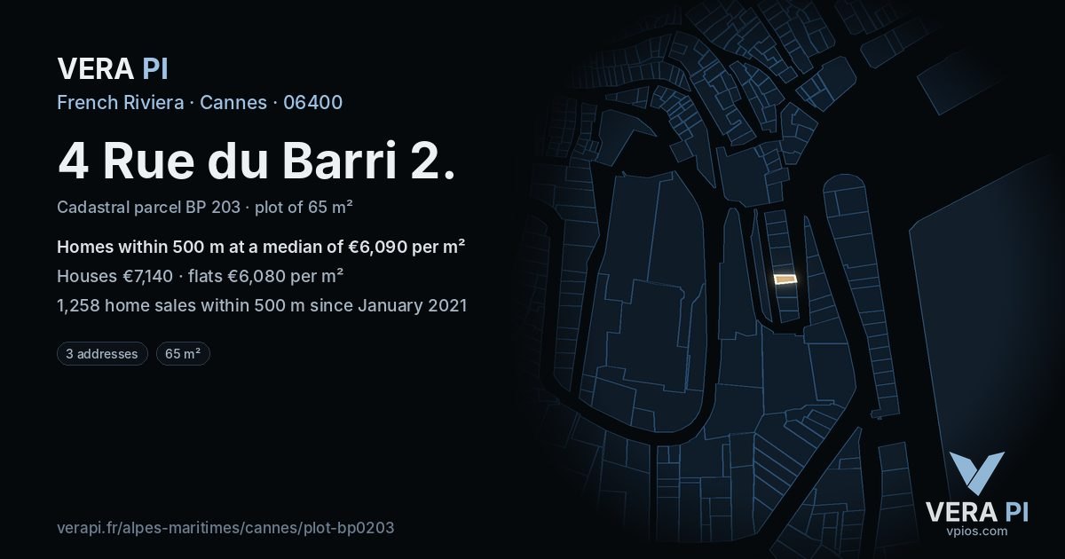 4 Rue du Barri 2, Cannes at night – the plot lit, the parcels around coloured by the prices near them