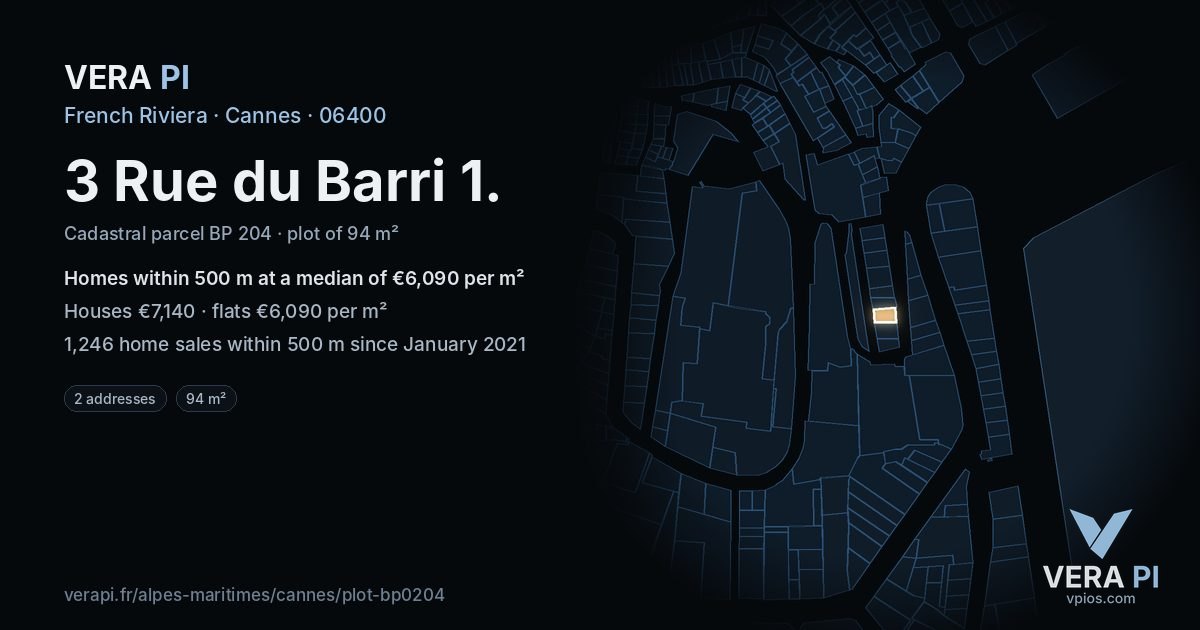 3 Rue du Barri 1, Cannes at night – the plot lit, the parcels around coloured by the prices near them
