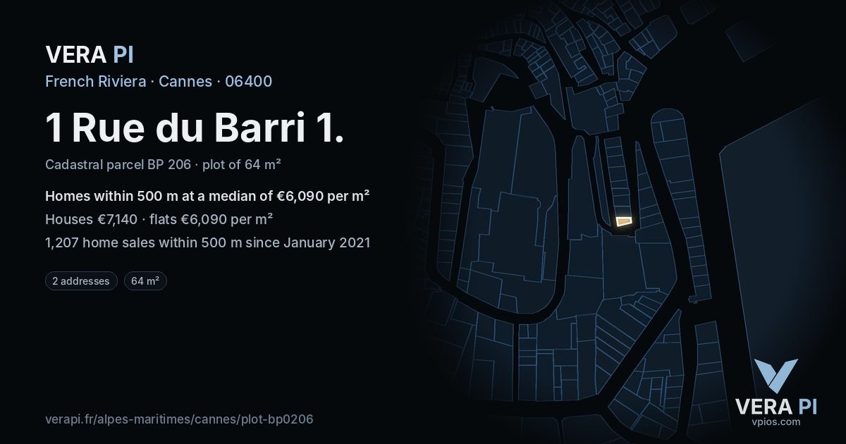 1 Rue du Barri 1, Cannes at night – the plot lit, the parcels around coloured by the prices near them