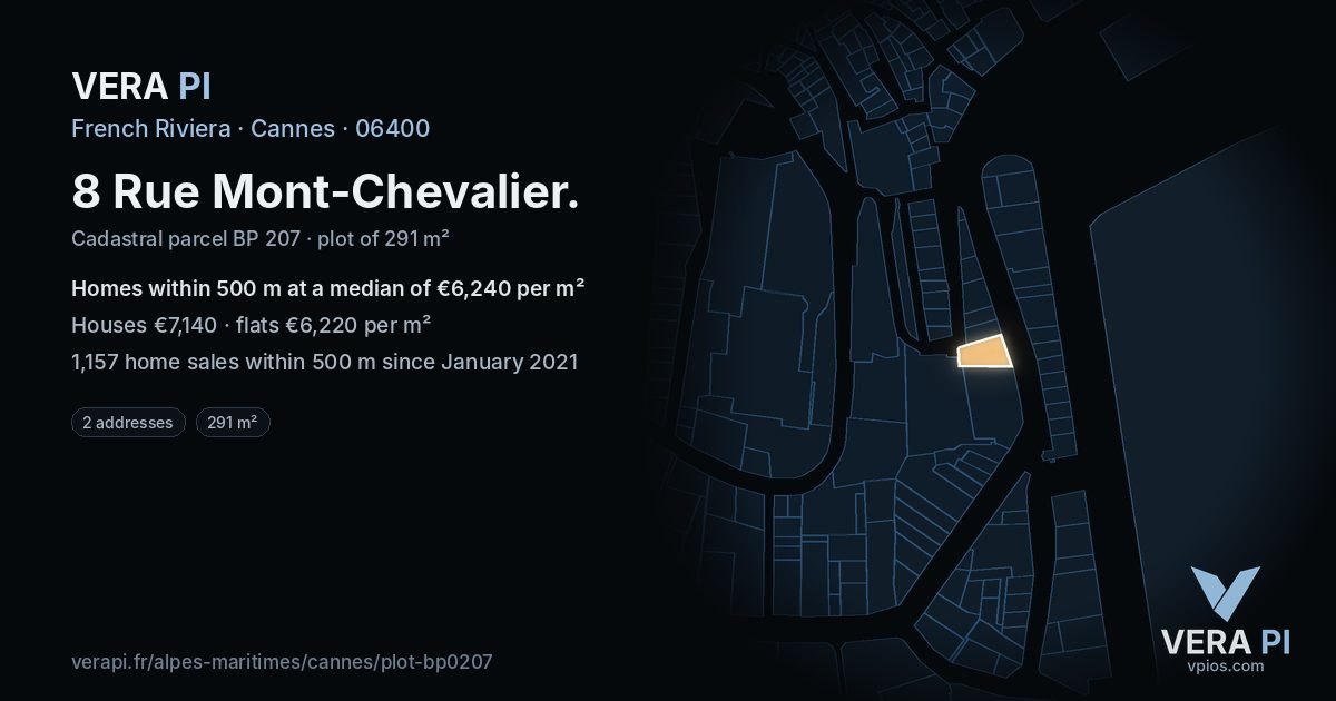 8 Rue Mont-Chevalier, Cannes at night – the plot lit, the parcels around coloured by the prices near them