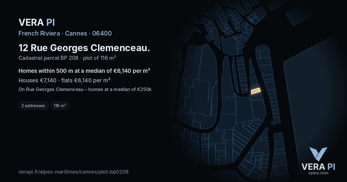 12 Rue Georges Clemenceau, Cannes at night – the plot lit, the parcels around coloured by the prices near them