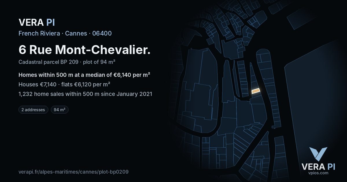 6 Rue Mont-Chevalier, Cannes at night – the plot lit, the parcels around coloured by the prices near them