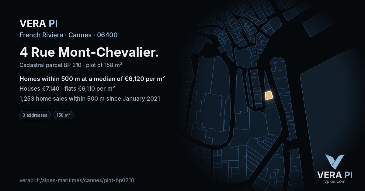 4 Rue Mont-Chevalier, Cannes at night – the plot lit, the parcels around coloured by the prices near them