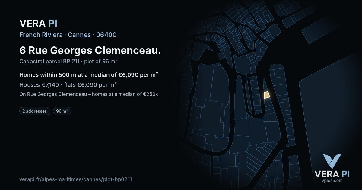 6 Rue Georges Clemenceau, Cannes at night – the plot lit, the parcels around coloured by the prices near them