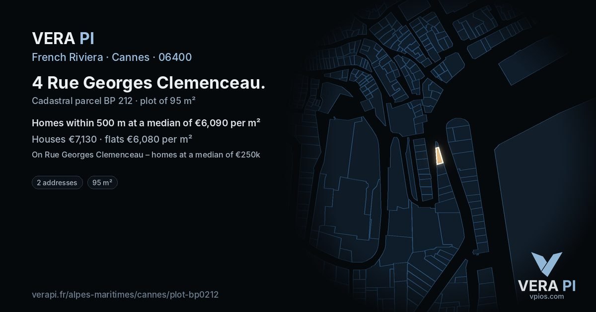 4 Rue Georges Clemenceau, Cannes at night – the plot lit, the parcels around coloured by the prices near them