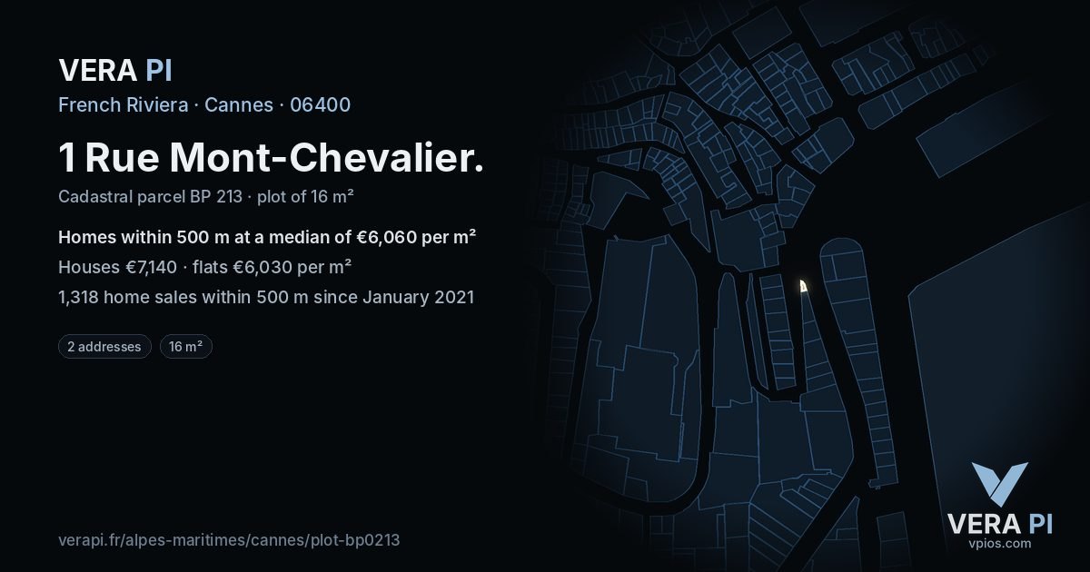 1 Rue Mont-Chevalier, Cannes at night – the plot lit, the parcels around coloured by the prices near them
