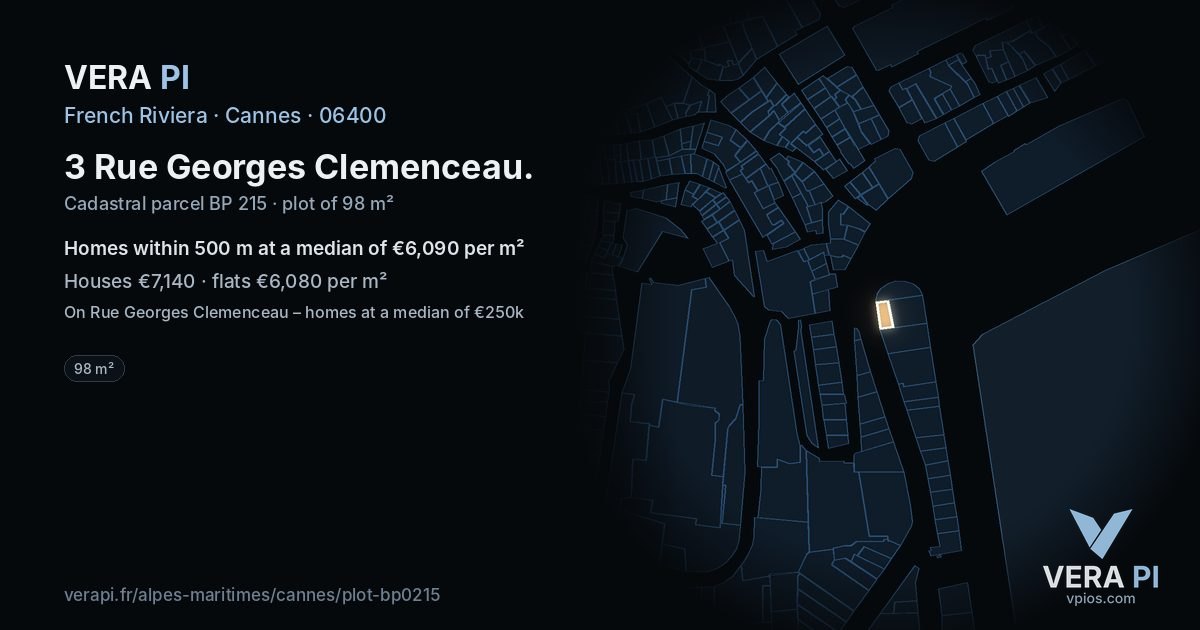 3 Rue Georges Clemenceau, Cannes at night – the plot lit, the parcels around coloured by the prices near them