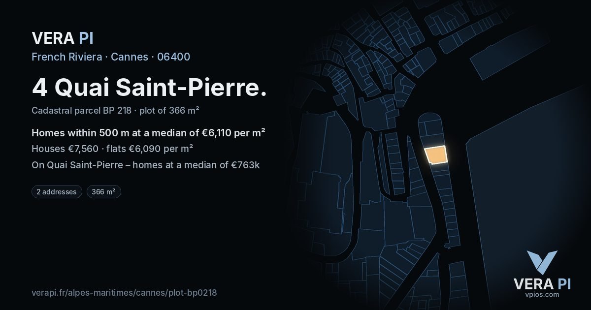 4 Quai Saint-Pierre, Cannes at night – the plot lit, the parcels around coloured by the prices near them