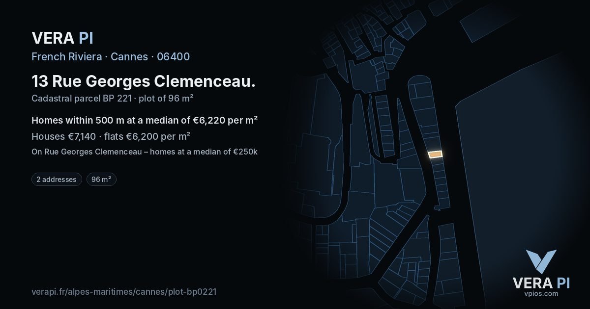 13 Rue Georges Clemenceau, Cannes at night – the plot lit, the parcels around coloured by the prices near them
