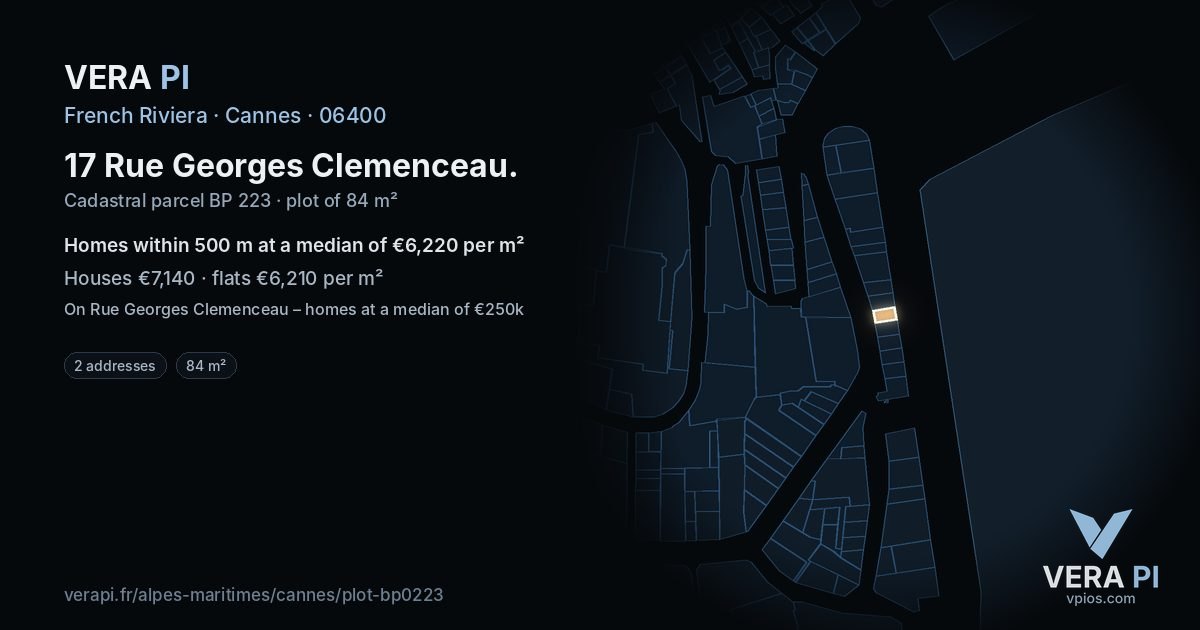 17 Rue Georges Clemenceau, Cannes at night – the plot lit, the parcels around coloured by the prices near them