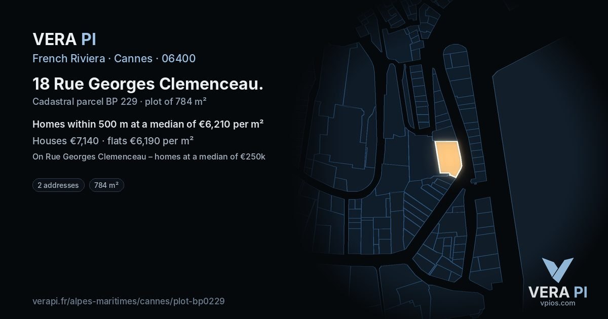 18 Rue Georges Clemenceau, Cannes at night – the plot lit, the parcels around coloured by the prices near them