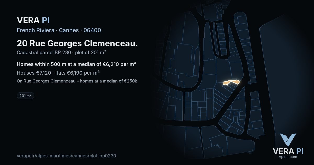 20 Rue Georges Clemenceau, Cannes at night – the plot lit, the parcels around coloured by the prices near them