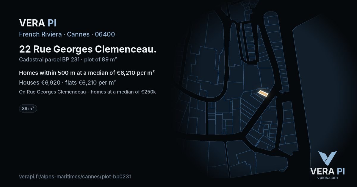 22 Rue Georges Clemenceau, Cannes at night – the plot lit, the parcels around coloured by the prices near them