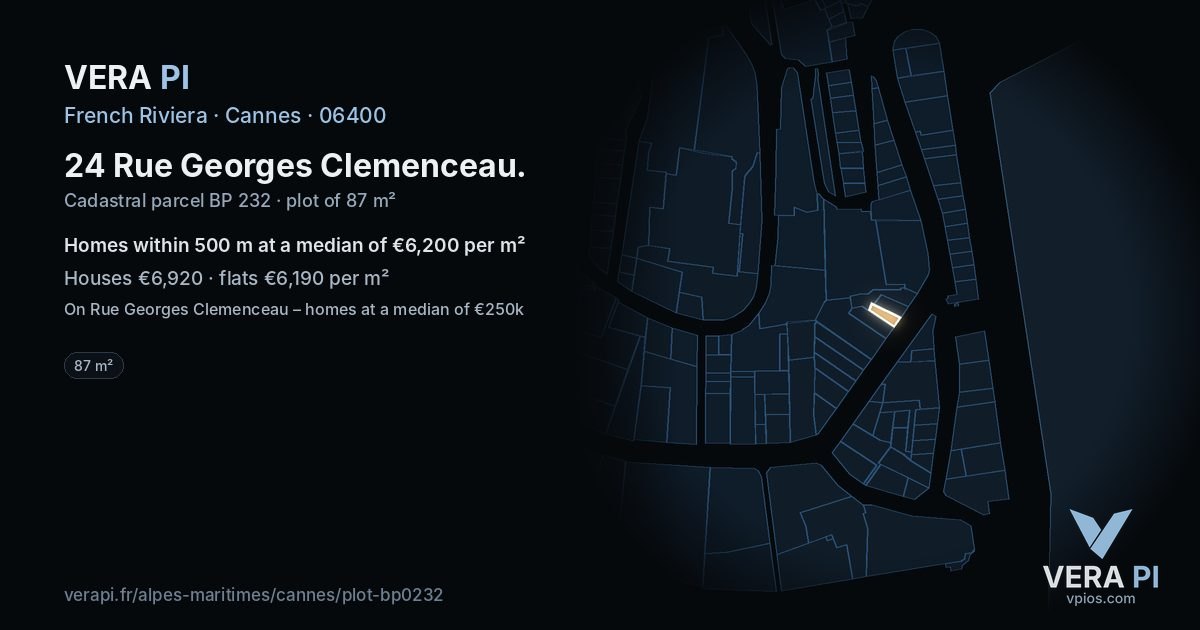 24 Rue Georges Clemenceau, Cannes at night – the plot lit, the parcels around coloured by the prices near them