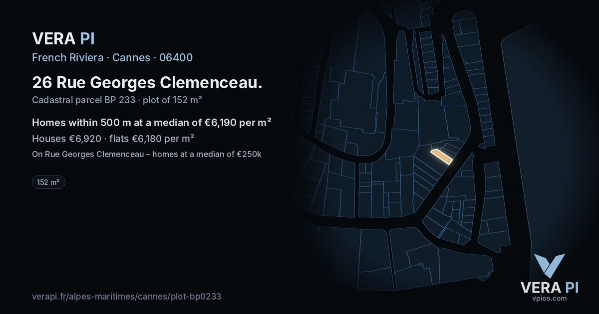 26 Rue Georges Clemenceau, Cannes at night – the plot lit, the parcels around coloured by the prices near them