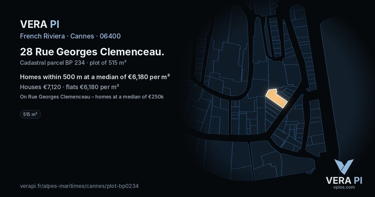 28 Rue Georges Clemenceau, Cannes at night – the plot lit, the parcels around coloured by the prices near them