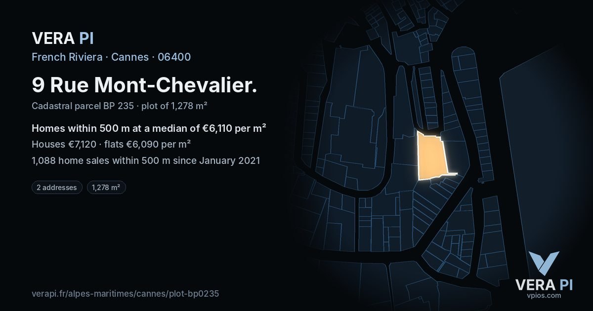 9 Rue Mont-Chevalier, Cannes at night – the plot lit, the parcels around coloured by the prices near them
