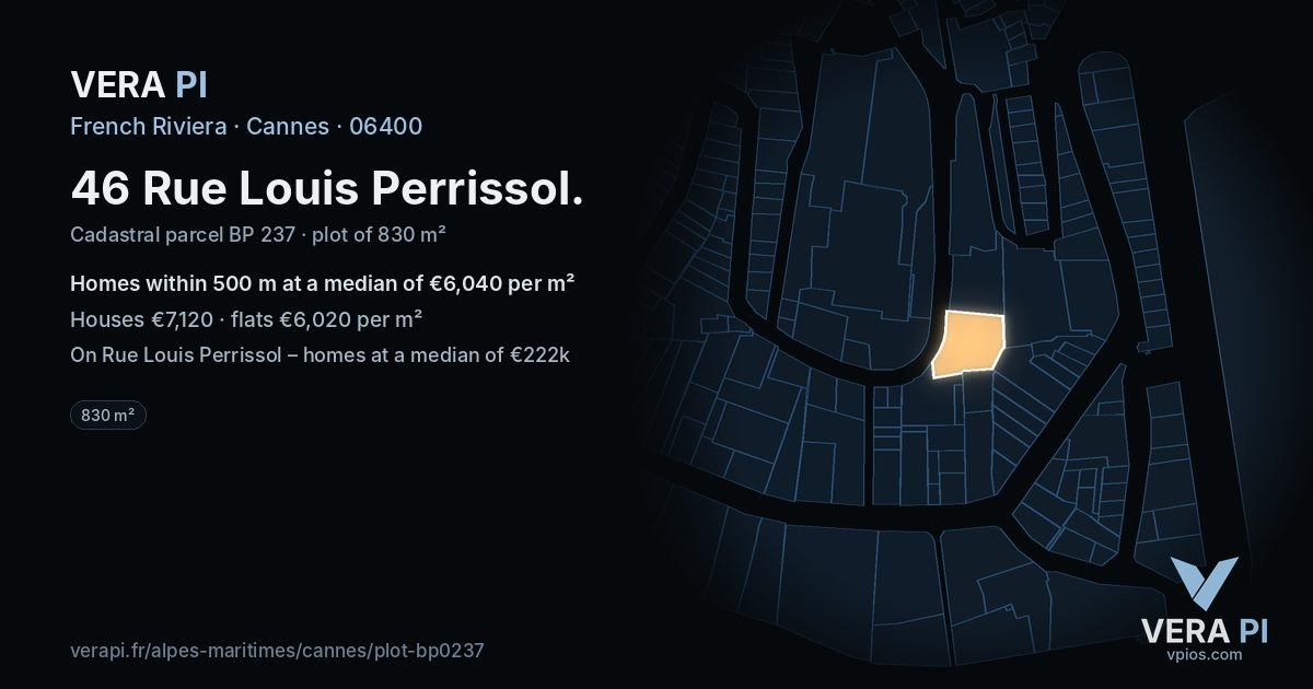 46 Rue Louis Perrissol, Cannes at night – the plot lit, the parcels around coloured by the prices near them
