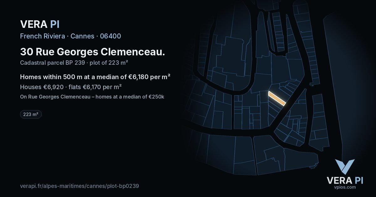 30 Rue Georges Clemenceau, Cannes at night – the plot lit, the parcels around coloured by the prices near them
