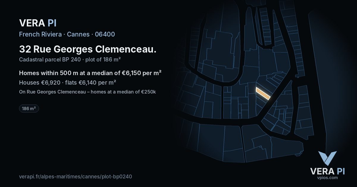 32 Rue Georges Clemenceau, Cannes at night – the plot lit, the parcels around coloured by the prices near them